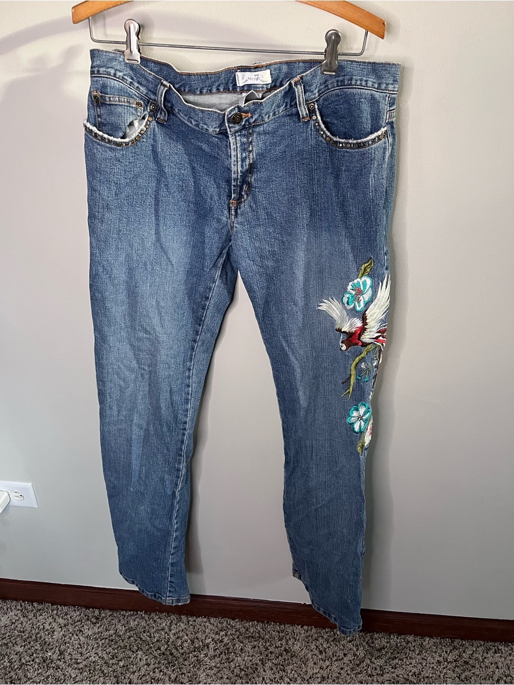 Metro 7 Womens Embroidered Bird Floral Denim Jeans Blue Studded Mid Rise Size 12